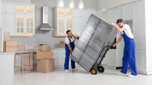 Professional movers carrying a refrigerator into a new house.