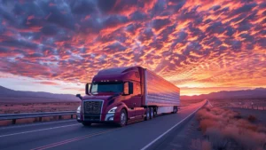 Large interstate moving truck driving on a California highway at sunrise.