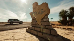 A gray car drives on a desert road past a sign that reads, “Texas.”